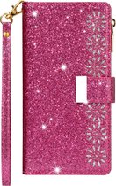Hoesje geschikt voor iPhone 11 Pro Max - Bookcase - Koord - Pasjeshouder - Portemonnee - Glitter - Bloemenpatroon - Kunstleer - Roze