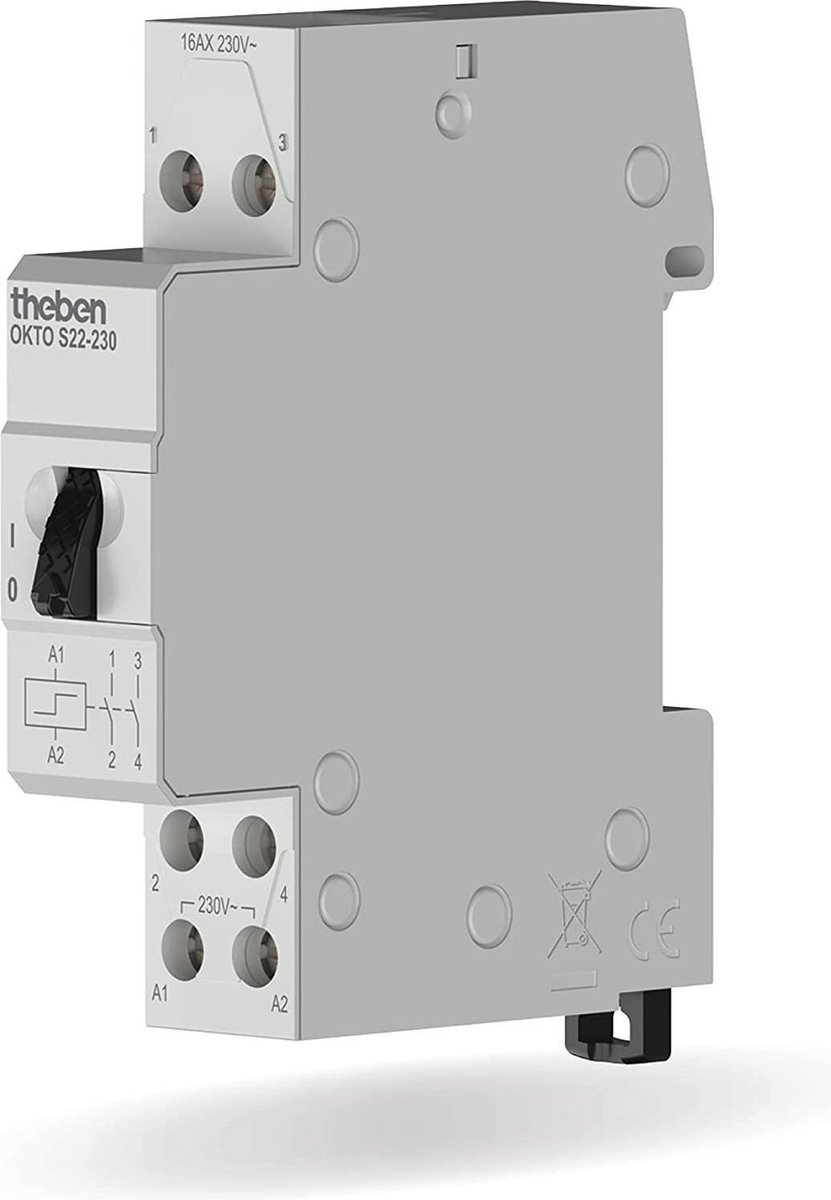 Theben 3120122 OKTO S22-230 Impulsschakelaar, Impulsrelais, 230V, elektromechanisch, DIN-rail, 2 kanalen/contacten (maakcontact), LED tot 200 W, lichtregeling, stroomstootschakelaar, stroomstootrelais,stroomafsluiter