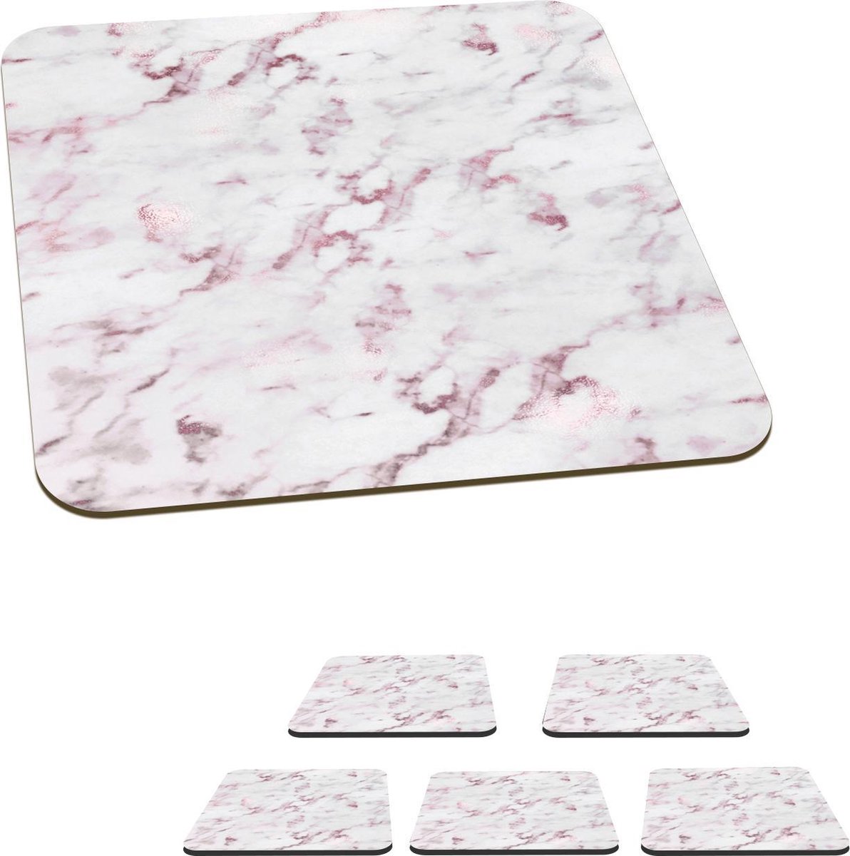 Onderzetters voor glazen - Marmer - Wit - Roze - 10x10 cm - Glasonderzetters - 6 stuks