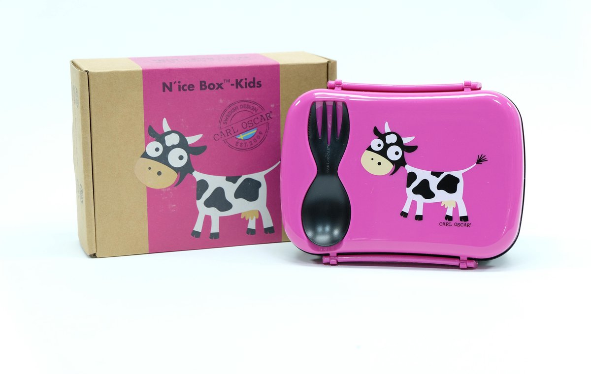 Carl Oscar N'ice Box - Lunch box met koelelement voor kinderen - roze - koe - 17 x 12.5 x 6.3 cm