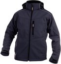 Grijze DASSY softshelljas met capuchon, ritssluiting en reflecterende naden.