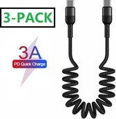 Phreeze 3x USB-C Data en Oplaadkabel - Voordeelverpakking - USB-C - 1.5M - Krulkabel - 3A Snellaadfunctie - Universele USB Charging Cable