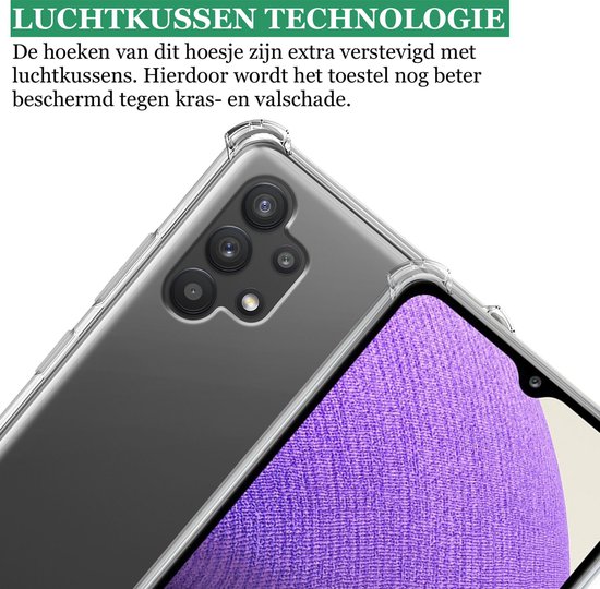 Étui transparent antichocs pour Samsung Galaxy A32 - 1x étui Samsung A32 + 2x verre de protection d'écran + 2x protection d'écran pour appareil photo