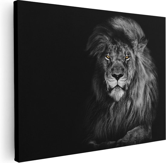 Artaza Canvas Schilderij Leeuw Met Oranje Ogen - Zwart Wit - 80x60 - Foto Op Canvas - Canvas Print