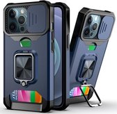 Sliding Camera Cover Design PC + TPU schokbestendig hoesje met ringhouder en kaartsleuf voor iPhone 13 Pro Max (blauw)