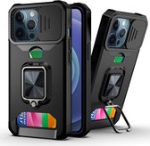 Sliding Camera Cover Design PC + TPU schokbestendig hoesje met ringhouder en kaartsleuf voor iPhone 13 Pro Max (zwart)