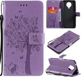 Voor Nokia G10 Boom & Kat Patroon Geperst Afdrukken Horizontale Flip PU Lederen Case met Houder & Kaartsleuven & Portemonnee & Lanyard (Lavendel)