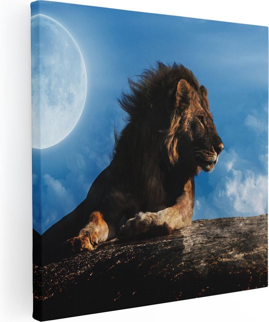 Artaza Canvas Schilderij Leeuw Tijdens Volle Maan - 90x90 - Groot - Foto Op Canvas - Canvas Print