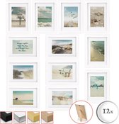 bomoe Ocean Set van 12 Fotolijsten Houten Picture Frames – 12 x 13x18cm – Kunststof glas Fotolijst van Hout - Metalen Ophanging - Standaard & Passepartout - Wit