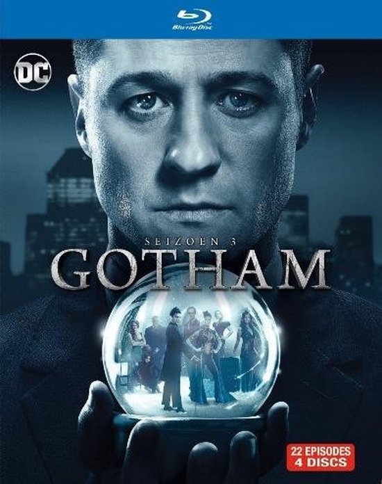 Gotham Seizoen 3 Blu-ray hoes met een grote kop van Detective Gordon en een glazen bol met de cast.
