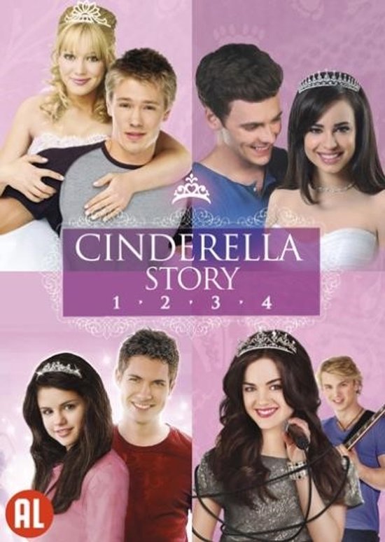 De DVD hoes van 'A Cinderella Story 1-4' toont vier scènes met jonge koppels, elk met een tiara of kroon, en de titel in paars.