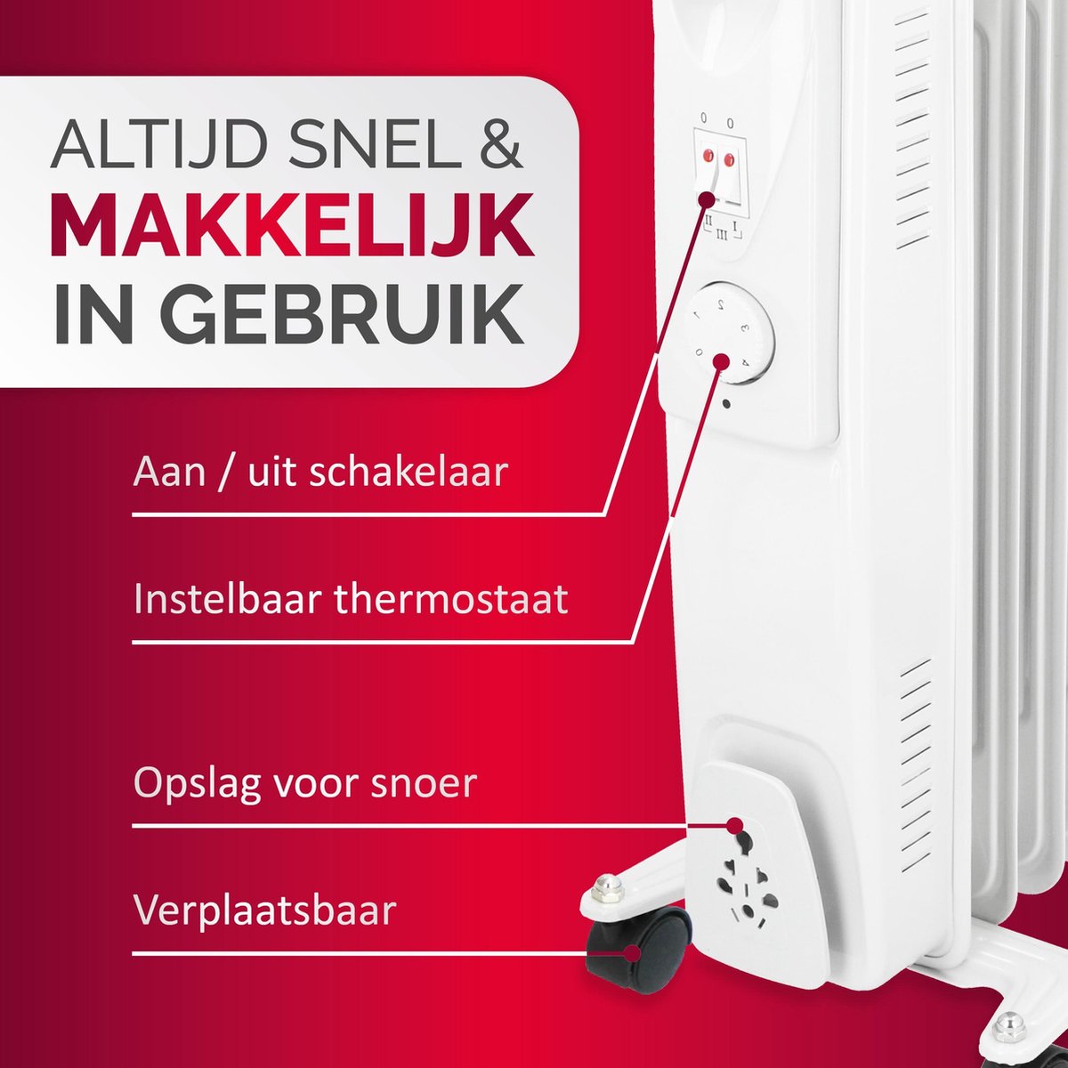 alpina Olieradiator 2000W – Elektrische Radiator met Instelbare Thermostaat – Oliegevulde Radiator met Koord Opbergruimte, Instelbare Temperatuur en Oververhittingsbeveiliging – foto 6