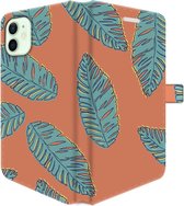 Apple iPhone 12 Mini Telefoonhoesje - Portemonneehoesje  - Met pasjeshouder - Met Plantenprint - Tropische Blaadjes - Oranje
