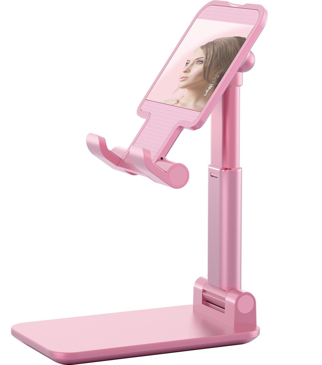 Afecto® verstelbare mobiele telefoon standaard |tablet standaard | roze| ook voor tablet | met spiegeltje| opvouwbare mobiele telefoon houder gebruikt voor alle telefoons en tablets