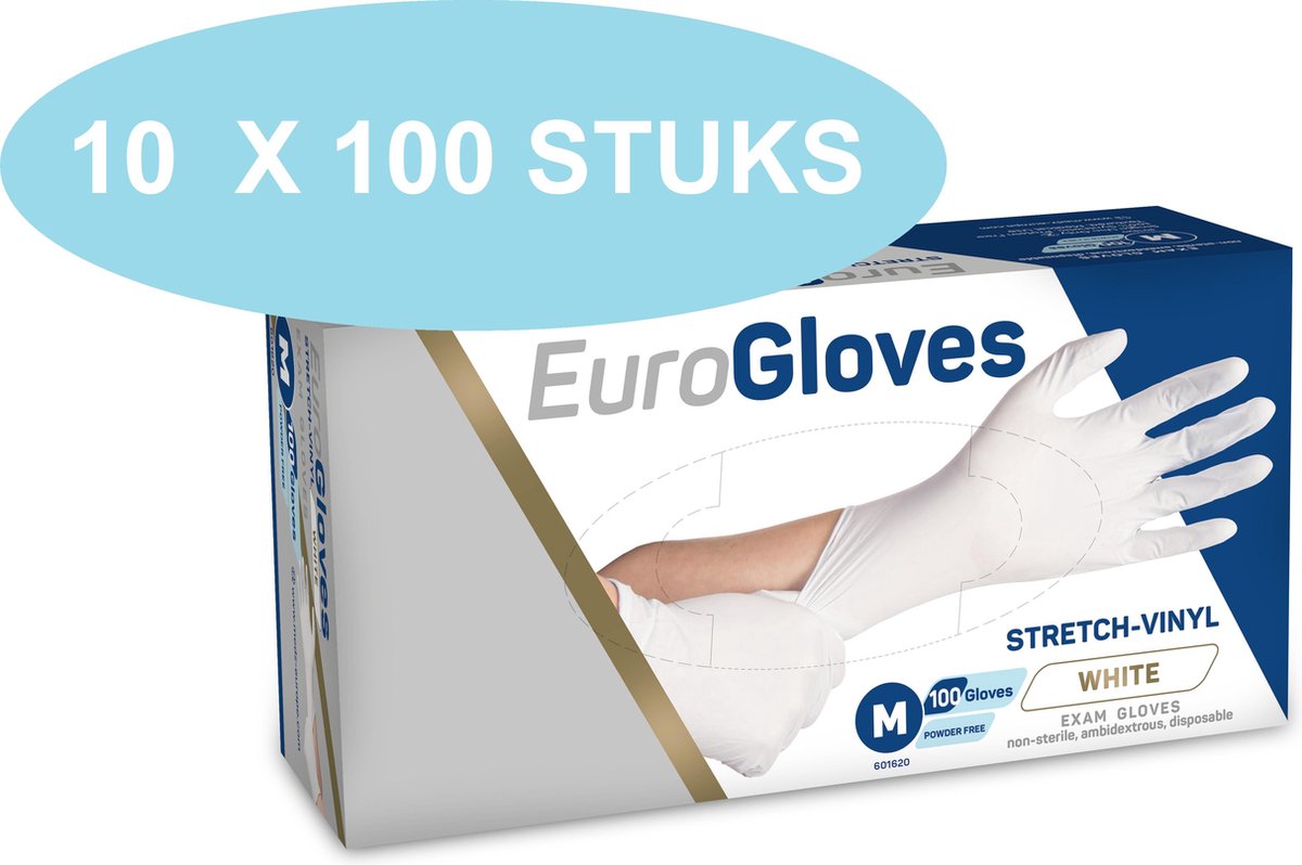 Goedkoopste Eurogloves vinyl handschoenen wit, poedervrij, 10 x 100 stuks, maat M (VOORDEELVERPAKKING