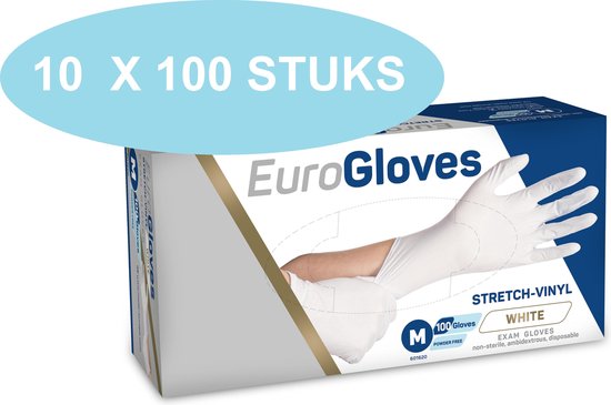Eurogloves vinyl handschoenen wit, poedervrij, 10 x 100 stuks, maat M (VOORDEELVERPAKKING)