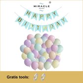 Slinger Pakket 65 delig, HAPPY BIRTHDAY Slinger XL ( blauw-Goud )+ Macaron Pastel kleur Latex (12 inch), Voordeel, Voordeelpack, Set, Verjaardag, Decoratie, Versiering, Miracle Sho