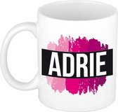 Adrie  naam cadeau mok / beker met roze verfstrepen - Cadeau collega/ moederdag/ verjaardag of als persoonlijke mok werknemers