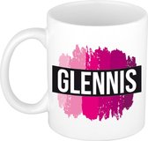 Glennis  naam cadeau mok / beker met roze verfstrepen - Cadeau collega/ moederdag/ verjaardag of als persoonlijke mok werknemers