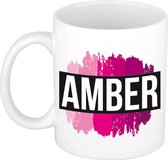 Amber  naam cadeau mok / beker met roze verfstrepen - Cadeau collega/ moederdag/ verjaardag of als persoonlijke mok werknemers