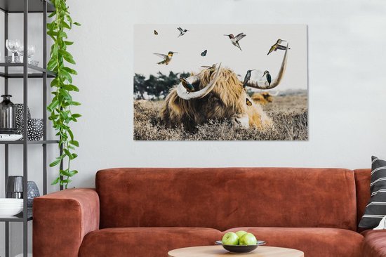 Peintures sur toile Scottish Highlander - Vogel - Bruyère - 120x80 cm - Décoration murale