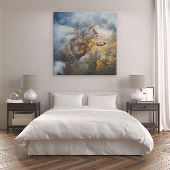 Artaza - Peinture sur toile - Tête de loup sur une forêt d'automne - Loup - Abstrait - 90 x 90 - Groot - Photo sur toile - Impression sur toile
