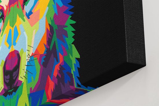 Gedetailleerde close-up van de rechterkant van een abstract, veelkleurig wolvenkunstwerk op canvas met een zwarte achtergrond.