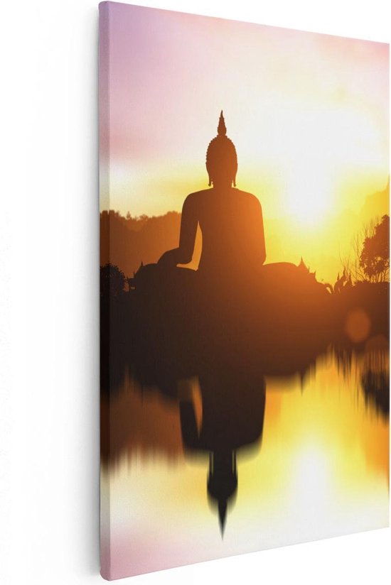 Artaza Canvas Schilderij Silhouet Van Boeddha Beeld Met Zonsondergang - 20x30 - Klein - Foto Op Canvas - Canvas Print