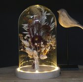 Stolp met LED Verlichting - Glazen Stolp met Hout - Incl. Batterijen - Ø14 x H21,5 cm