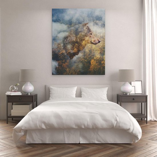 Artaza - Peinture sur toile - Tête de loup sur une forêt d'automne - Loup - Abstrait - 80 x 100 - Groot - Photo sur toile - Impression sur toile