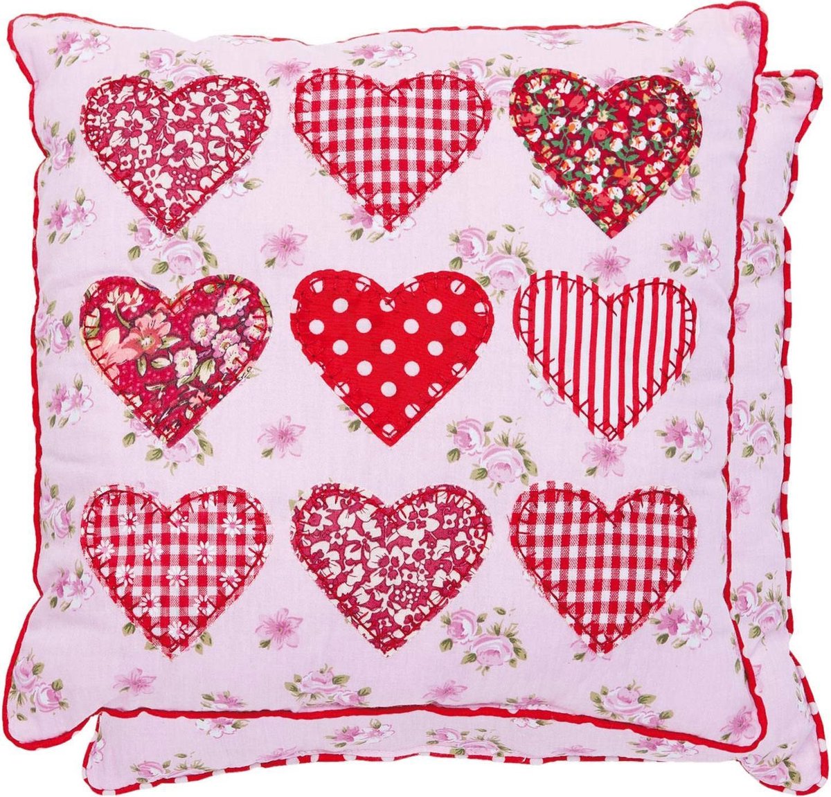 Sierkussen – Met Opgestikte Harten – 30 x 30 cm – Rood, Roze
