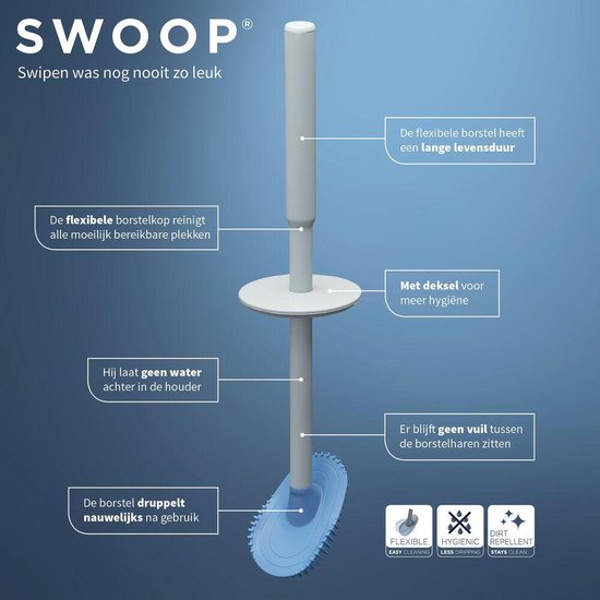 Schéma de la brosse WC Swoop avec tête de brosse flexible et couvercle.