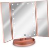 foto van Navaris inklapbare spiegel met verlichting - Make-up spiegel met LED-lampjes en dimmer - 2+3 maal vergroting - Kantelbaar - Incl. USB-kabel - Rose goud