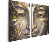 Artaza Canvas Schilderij Tweeluik Boeddha Beeld Met Gouden Bladeren - 80x60 - Foto Op Canvas - Canvas Print