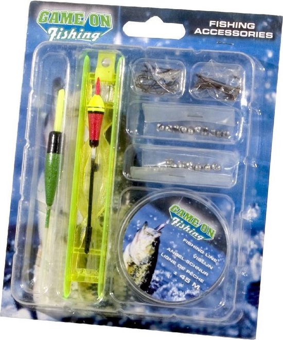 Visaccessoire set van Game On Fishing met dobbers, haken en vislijn.
