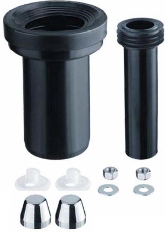 Toilet aansluitset met zwarte buizen, moeren, metalen ringen en chroomkleurige keggen.