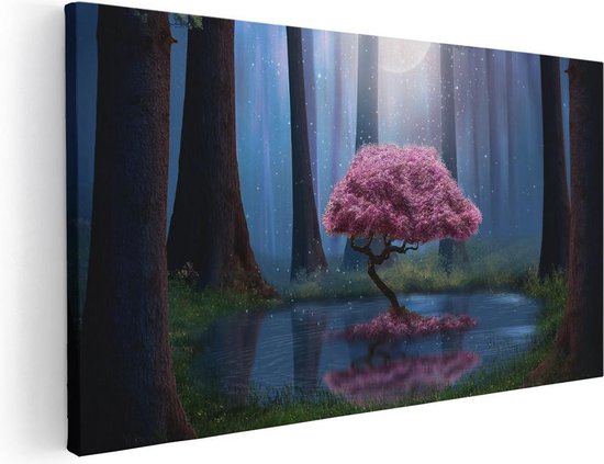 Artaza Canvas Schilderij Roze Boom Op Een Vijver In De Nacht - 60x30 - Foto Op Canvas - Canvas Print