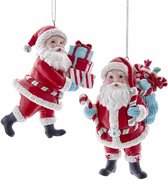 Kurt S. Adler Kerstornament - Retro kerstman met cadeaus - set van 2 - rood blauw - 10cm