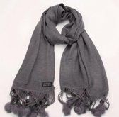 Sjaal herfst/winter effen lang met pomponnetjes grijs 180/56cm