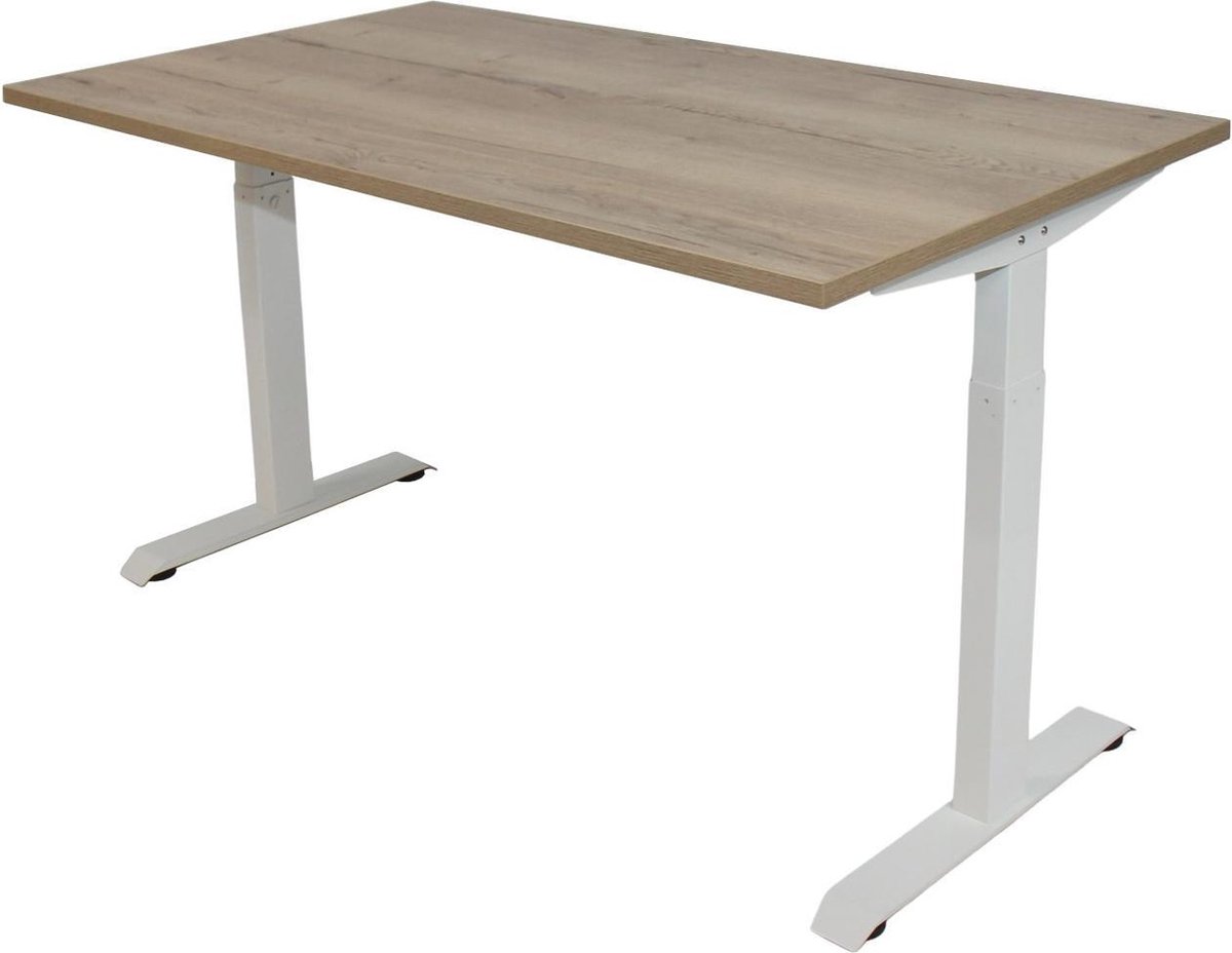 OrangeLabel Desk met wit onderstel en blad Natuur Eik in de maat 120x80. Instelbaar van 62-84cm