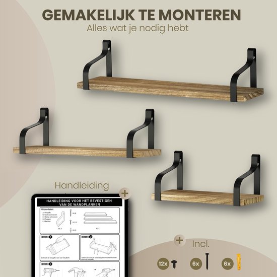 Wandplank İn İndustrieel Ontwerp, Zwevende Plank, Set Van 3 Wandmontage 442 X 156 X 82 Cm Stabiele Plank Voor Presentatie Voor Woonkamer Badkamer Keuken Vintage