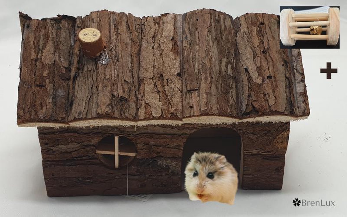 ✿Brenlux® Hamsterhuis - Speeltuig voor knaagdieren - Verblijf voor knaagdier - Speelgoed knaagdieren - Hamsterkooi - Cavia huis - Houten huis voor muizen - 20cm x 13cm - Inclusief speelgoed hout