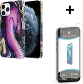 ShieldCase Galaxy Marmer geschikt voor Apple iPhone 12 Pro Max 6.7 inch hoesje - paars + glazen Screen Protector - Shockproof beschermhoesje met roze print - Inclusief bescherm glas - Zwart & Roze hoesje shock proof beschermhoes
