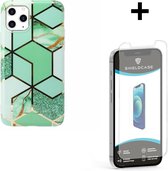 ShieldCase telefoonhoesje geschikt voor Apple iPhone 12 / 12 Pro - 6.1 inch hoesje marmeren patroon - groen + glazen Screen Protector