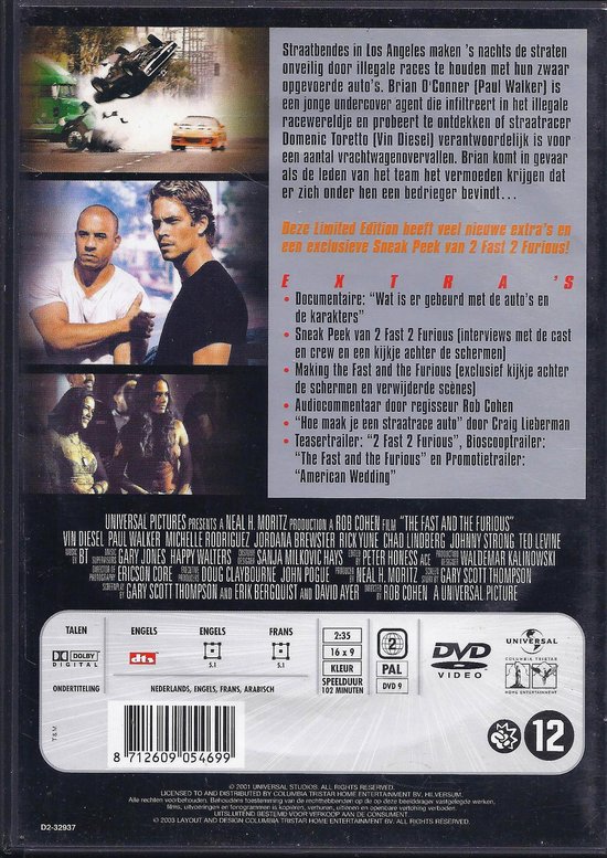 Achterkant van de DVD-hoes van The Fast and the Furious met tekst en afbeeldingen van de film.