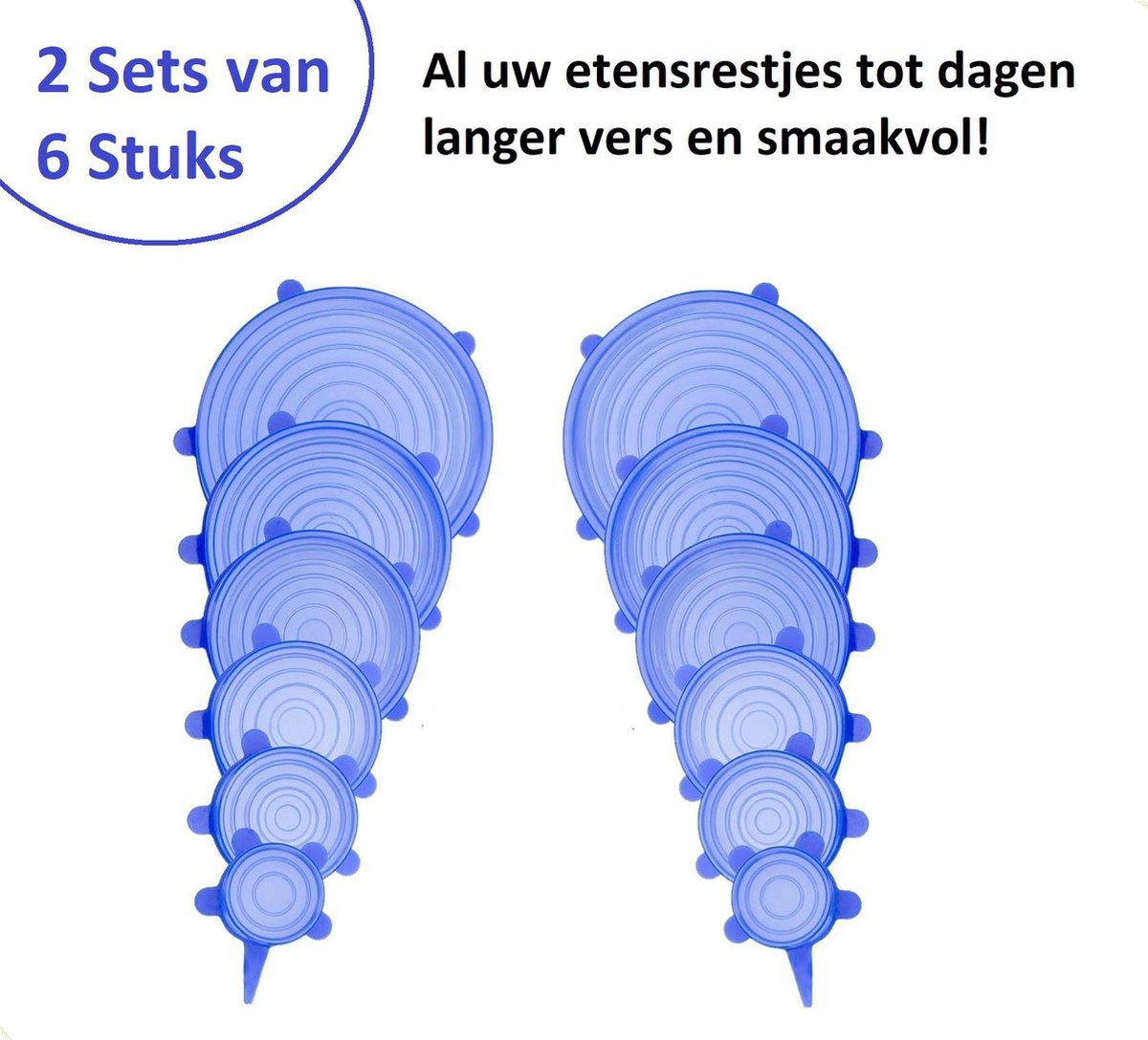 Siliconen Deksel – 2 Sets van 6 – Vershoudzakken – Vershoudfolie – Flexibel – Blauw
