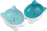 Navaris voerbakjes voor katten - Set van 2 voer- en waterbakken - Etensbak van keramiek - Met antislip voetjes - Kattenvorm - Blauw
