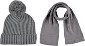 Set Gebreide Muts (met voering) met pompom en sjaal Grijs Meisje - jongen - Kleuter - 4-8 jaar