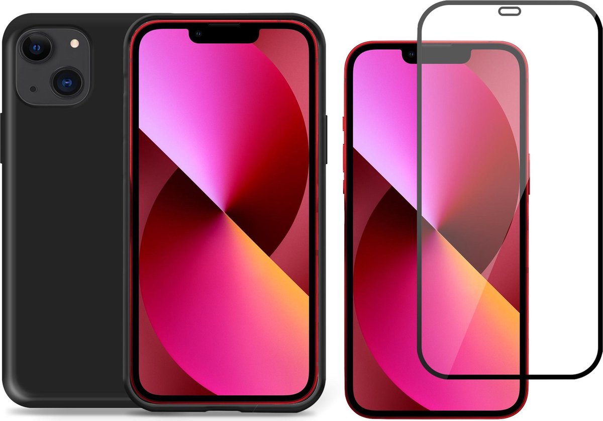 Hoesje geschikt voor iPhone 13 Mini siliconen zwart case - Screen Protector Glas