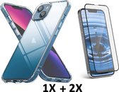 iPhone 13 Hoesje Transparant & 2X Volledige Glazen Screenprotector - Siliconen Back Cover